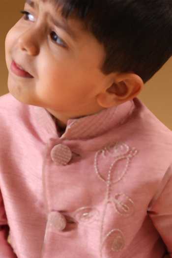 Buy_Minikin_Pink Silk Rose Embroidered Nehru Jacket Set _Online_at_Aza_Fashions