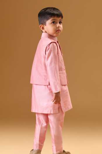 Shop_Minikin_Pink Silk Rose Embroidered Nehru Jacket Set _Online_at_Aza_Fashions