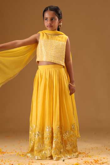 Minikin Yellow Net, Chanderi Silk Lotus Gota Embroidered Lehenga Set Online at Aza Fashions Minikin_Yellow Net, Chanderi Silk Lotus Gota Embroidered Lehenga Set _Online_at_Aza_Fashions