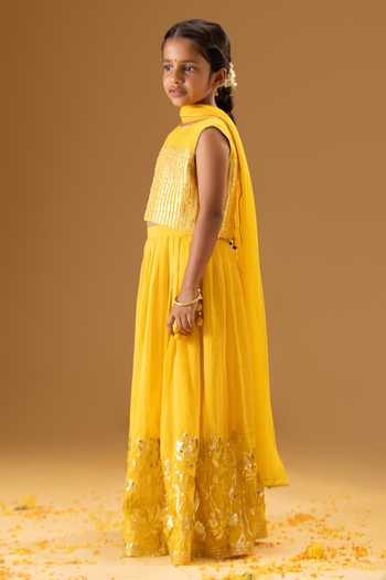 Buy Minikin Yellow Net, Chanderi Silk Lotus Gota Embroidered Lehenga Set Online at Aza Fashions Buy_Minikin_Yellow Net, Chanderi Silk Lotus Gota Embroidered Lehenga Set _Online_at_Aza_Fashions