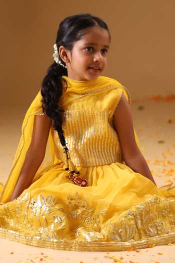 Shop Minikin Yellow Net, Chanderi Silk Lotus Gota Embroidered Lehenga Set Online at Aza Fashions Shop_Minikin_Yellow Net, Chanderi Silk Lotus Gota Embroidered Lehenga Set _Online_at_Aza_Fashions