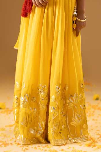 Minikin Yellow Net, Chanderi Silk Lotus Gota Embroidered Lehenga Set at Aza Fashions Minikin_Yellow Net, Chanderi Silk Lotus Gota Embroidered Lehenga Set _at_Aza_Fashions