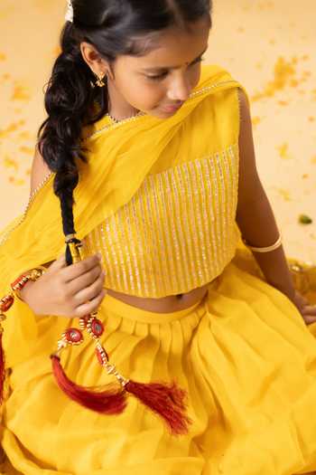 Buy Minikin Yellow Net, Chanderi Silk Lotus Gota Embroidered Lehenga Set Buy_Minikin_Yellow Net, Chanderi Silk Lotus Gota Embroidered Lehenga Set