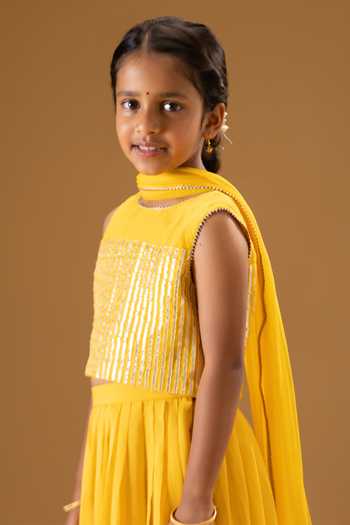Shop Minikin Yellow Net, Chanderi Silk Lotus Gota Embroidered Lehenga Set Shop_Minikin_Yellow Net, Chanderi Silk Lotus Gota Embroidered Lehenga Set