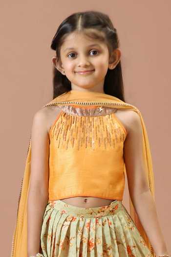 Minikin_Orange Silk Embroidered Top Printed Skirt Set _Online_at_Aza_Fashions