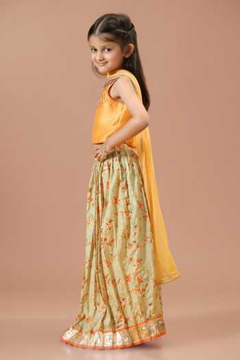 Buy_Minikin_Orange Silk Embroidered Top Printed Skirt Set _Online_at_Aza_Fashions