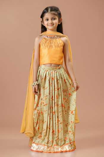 Minikin_Orange Silk Embroidered Top Printed Skirt Set _at_Aza_Fashions