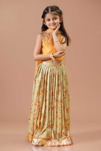 Buy_Minikin_Orange Silk Embroidered Top Printed Skirt Set 