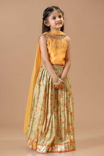 Shop_Minikin_Orange Silk Embroidered Top Printed Skirt Set 