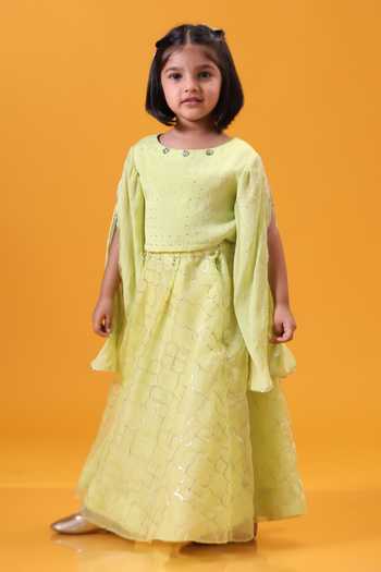 Minikin Green Organza, Georgette Cape Top And Lehenga Set Online at Aza Fashions Minikin_Green Organza, Georgette Cape Top And Lehenga Set _Online_at_Aza_Fashions