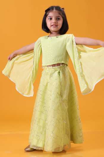 Shop Minikin Green Organza, Georgette Cape Top And Lehenga Set Online at Aza Fashions Shop_Minikin_Green Organza, Georgette Cape Top And Lehenga Set _Online_at_Aza_Fashions