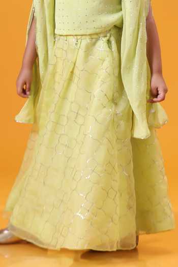 Buy Minikin Green Organza, Georgette Cape Top And Lehenga Set Buy_Minikin_Green Organza, Georgette Cape Top And Lehenga Set