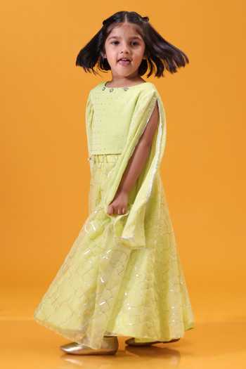 Shop Minikin Green Organza, Georgette Cape Top And Lehenga Set Shop_Minikin_Green Organza, Georgette Cape Top And Lehenga Set