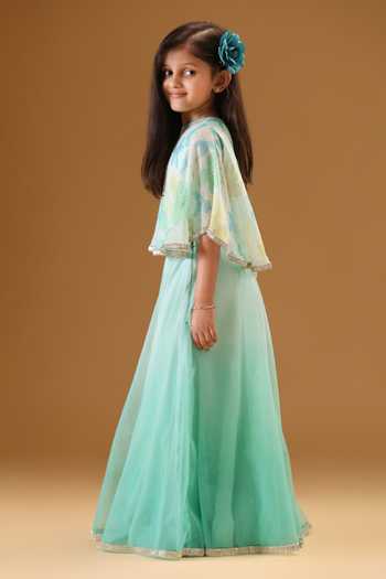 Minikin Blue Net, Chanderi Silk Floral Cape With Shaded Skirt Online at Aza Fashions Minikin_Blue Net, Chanderi Silk Floral Cape With Shaded Skirt _Online_at_Aza_Fashions