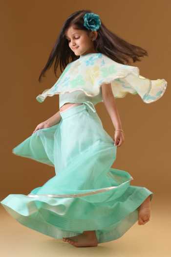 Buy Minikin Blue Net, Chanderi Silk Floral Cape With Shaded Skirt Online at Aza Fashions Buy_Minikin_Blue Net, Chanderi Silk Floral Cape With Shaded Skirt _Online_at_Aza_Fashions