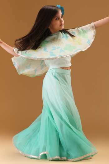 Shop Minikin Blue Net, Chanderi Silk Floral Cape With Shaded Skirt Online at Aza Fashions Shop_Minikin_Blue Net, Chanderi Silk Floral Cape With Shaded Skirt _Online_at_Aza_Fashions