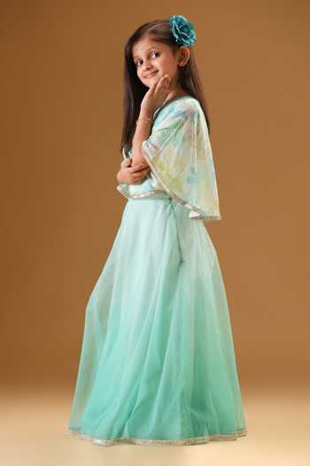 Minikin Blue Net, Chanderi Silk Floral Cape With Shaded Skirt at Aza Fashions Minikin_Blue Net, Chanderi Silk Floral Cape With Shaded Skirt _at_Aza_Fashions