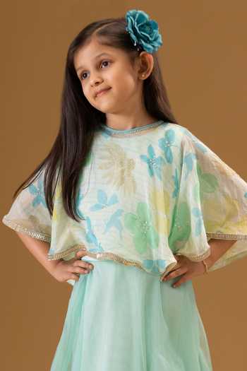 Shop Minikin Blue Net, Chanderi Silk Floral Cape With Shaded Skirt Shop_Minikin_Blue Net, Chanderi Silk Floral Cape With Shaded Skirt