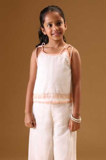 Minikin Cream Chanderi Silk Embroidery Spaghetti Top And Floral Palazzo Online at Aza Fashions Minikin_Cream Chanderi Silk Embroidery Spaghetti Top And Floral Palazzo _Online_at_Aza_Fashions