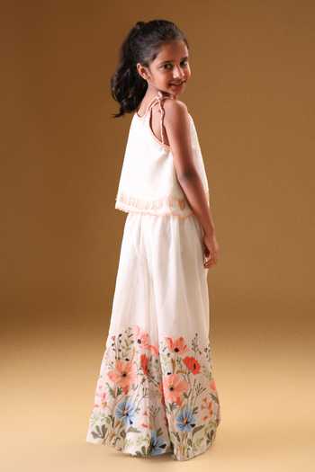 Shop Minikin Cream Chanderi Silk Embroidery Spaghetti Top And Floral Palazzo Online at Aza Fashions Shop_Minikin_Cream Chanderi Silk Embroidery Spaghetti Top And Floral Palazzo _Online_at_Aza_Fashions