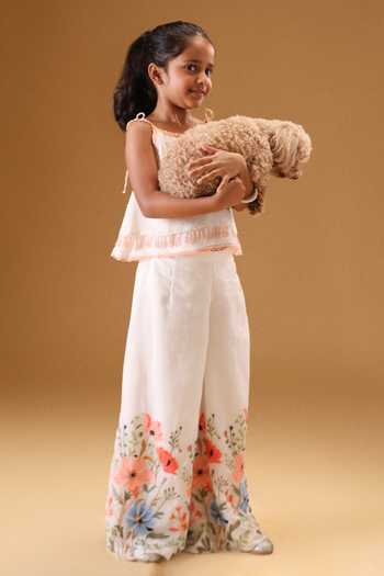 Minikin Cream Chanderi Silk Embroidery Spaghetti Top And Floral Palazzo at Aza Fashions Minikin_Cream Chanderi Silk Embroidery Spaghetti Top And Floral Palazzo _at_Aza_Fashions