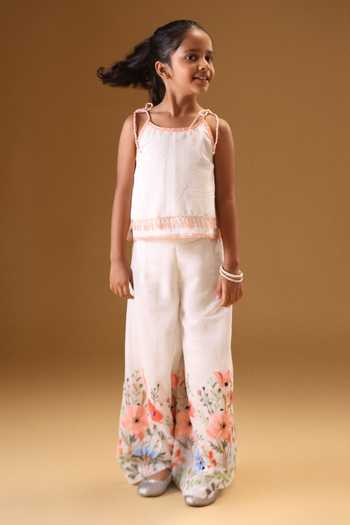 Buy Minikin Cream Chanderi Silk Embroidery Spaghetti Top And Floral Palazzo Buy_Minikin_Cream Chanderi Silk Embroidery Spaghetti Top And Floral Palazzo