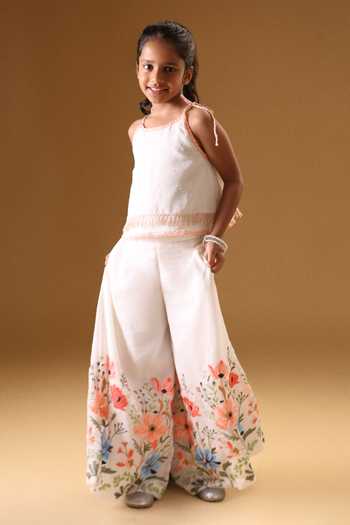 Shop Minikin Cream Chanderi Silk Embroidery Spaghetti Top And Floral Palazzo Shop_Minikin_Cream Chanderi Silk Embroidery Spaghetti Top And Floral Palazzo