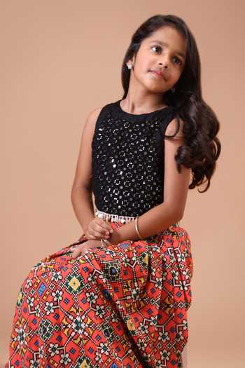 Minikin Black Silk, Cotton, Georgette Mirror Top With Red Patola Skirt Online at Aza Fashions Minikin_Black Silk, Cotton, Georgette Mirror Top With Red Patola Skirt _Online_at_Aza_Fashions