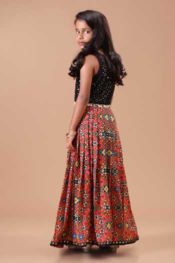 Buy Minikin Black Silk, Cotton, Georgette Mirror Top With Red Patola Skirt Online at Aza Fashions Buy_Minikin_Black Silk, Cotton, Georgette Mirror Top With Red Patola Skirt _Online_at_Aza_Fashions