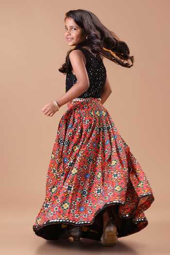 Shop Minikin Black Silk, Cotton, Georgette Mirror Top With Red Patola Skirt Online at Aza Fashions Shop_Minikin_Black Silk, Cotton, Georgette Mirror Top With Red Patola Skirt _Online_at_Aza_Fashions