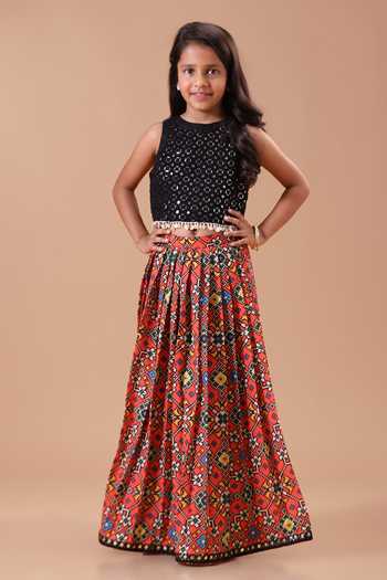 Minikin Mirror Top With Red Patola Skirt 