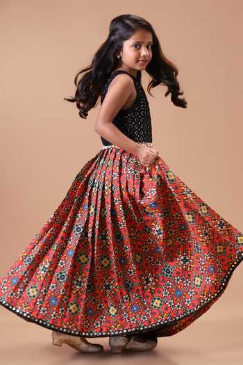 Minikin Black Silk, Cotton, Georgette Mirror Top With Red Patola Skirt at Aza Fashions Minikin_Black Silk, Cotton, Georgette Mirror Top With Red Patola Skirt _at_Aza_Fashions