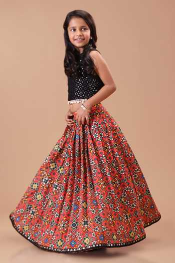 Buy Minikin Black Silk, Cotton, Georgette Mirror Top With Red Patola Skirt Buy_Minikin_Black Silk, Cotton, Georgette Mirror Top With Red Patola Skirt