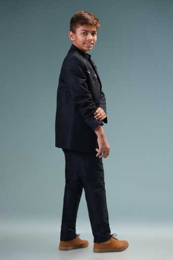 Minikin Black Silk Embroidery, Beads, Cut Work Bird Prince Coat With Pant Online at Aza Fashions Minikin_Black Silk Embroidery, Beads, Cut Work Bird Prince Coat With Pant _Online_at_Aza_Fashions