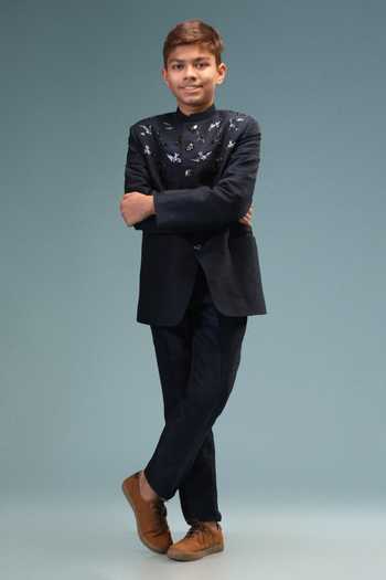 Buy Minikin Black Silk Embroidery, Beads, Cut Work Bird Prince Coat With Pant Online at Aza Fashions Buy_Minikin_Black Silk Embroidery, Beads, Cut Work Bird Prince Coat With Pant _Online_at_Aza_Fashions