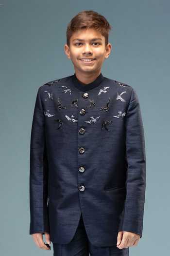 Minikin Black Silk Embroidery, Beads, Cut Work Bird Prince Coat With Pant at Aza Fashions Minikin_Black Silk Embroidery, Beads, Cut Work Bird Prince Coat With Pant _at_Aza_Fashions