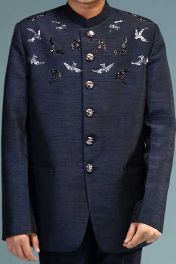 Buy Minikin Black Silk Embroidery, Beads, Cut Work Bird Prince Coat With Pant Buy_Minikin_Black Silk Embroidery, Beads, Cut Work Bird Prince Coat With Pant