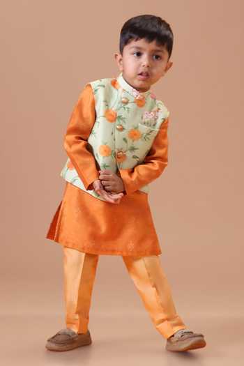 Shop Minikin Green , Cotton, Chanderi Pichwai Print Nehru Jacket And Kurta Set Online at Aza Fashions Shop_Minikin_Green , Cotton, Chanderi Pichwai Print Nehru Jacket And Kurta Set _Online_at_Aza_Fashions