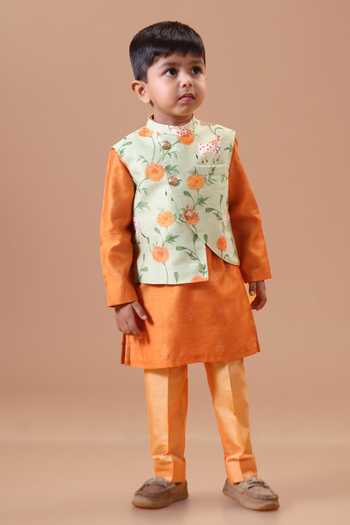 Minikin Pichwai Print Nehru Jacket & Kurta Set 