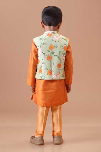 Minikin Pichwai Print Nehru Jacket & Kurta Set 