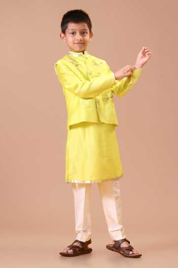 Buy Minikin Green , Cotton, Chanderi Flamingo Lime Nehru Jacket And Kurta Set Buy_Minikin_Green , Cotton, Chanderi Flamingo Lime Nehru Jacket And Kurta Set