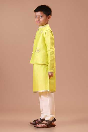 Shop Minikin Green , Cotton, Chanderi Flamingo Lime Nehru Jacket And Kurta Set Shop_Minikin_Green , Cotton, Chanderi Flamingo Lime Nehru Jacket And Kurta Set