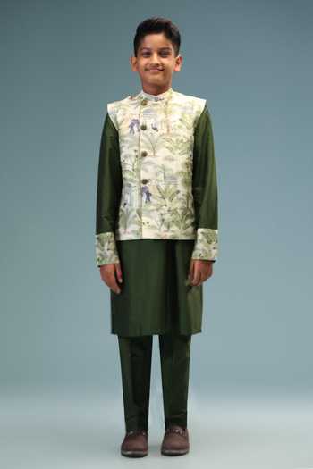 Buy Minikin Green , Cotton, Chanderi Jungle Print Nehru Jacket And Kurta Set Online at Aza Fashions Buy_Minikin_Green , Cotton, Chanderi Jungle Print Nehru Jacket And Kurta Set _Online_at_Aza_Fashions
