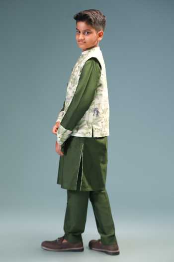 Shop Minikin Green , Cotton, Chanderi Jungle Print Nehru Jacket And Kurta Set Online at Aza Fashions Shop_Minikin_Green , Cotton, Chanderi Jungle Print Nehru Jacket And Kurta Set _Online_at_Aza_Fashions