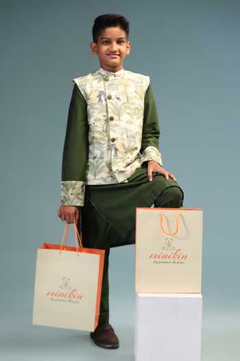Minikin Green , Cotton, Chanderi Jungle Print Nehru Jacket And Kurta Set at Aza Fashions Minikin_Green , Cotton, Chanderi Jungle Print Nehru Jacket And Kurta Set _at_Aza_Fashions
