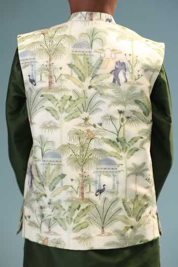Buy Minikin Green , Cotton, Chanderi Jungle Print Nehru Jacket And Kurta Set Buy_Minikin_Green , Cotton, Chanderi Jungle Print Nehru Jacket And Kurta Set