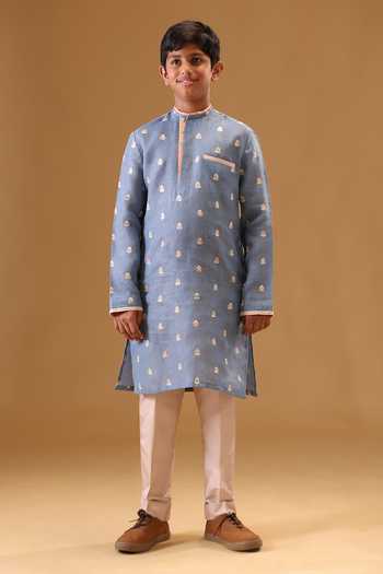 Minikin_Blue Linen Embroidered Kurta With Pant _Online_at_Aza_Fashions