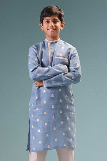 Buy_Minikin_Blue Linen Embroidered Kurta With Pant _Online_at_Aza_Fashions