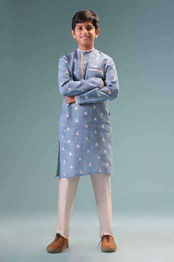 Shop_Minikin_Blue Linen Embroidered Kurta With Pant _Online_at_Aza_Fashions