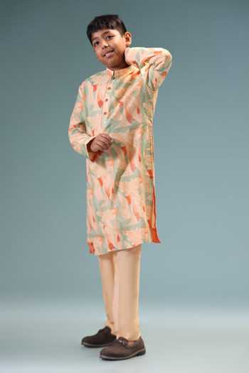 Minikin_Peach Chanderi Silk Printed Kurta With Pant _Online_at_Aza_Fashions